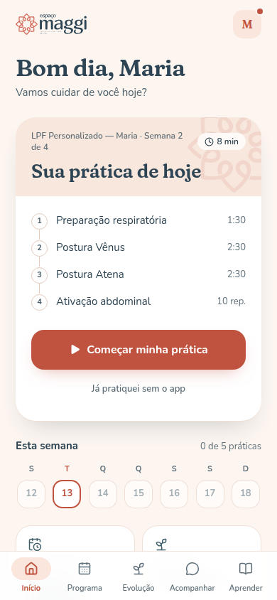 Tela inicial do app com a prática do dia