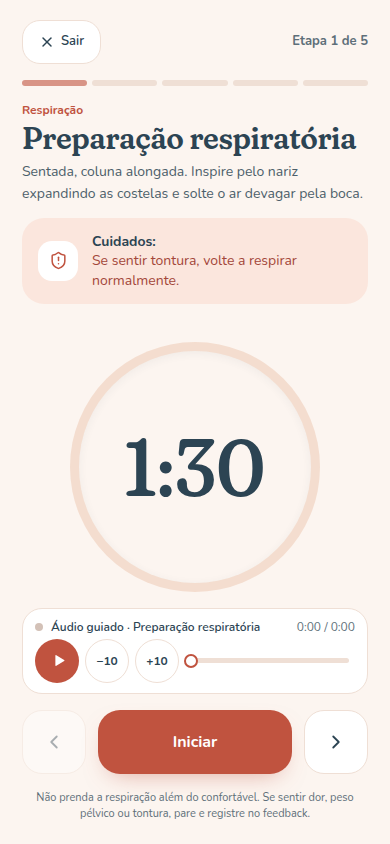 Prática guiada com cronômetro e áudio